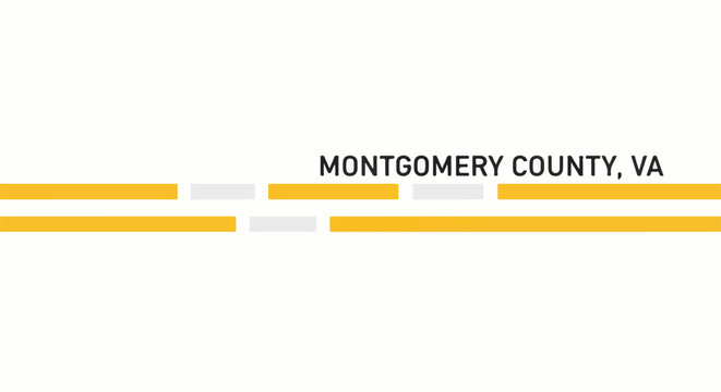 Bold text "MONTGOMERY COUNTY, VA" on white background with abstract yellow and grey lines