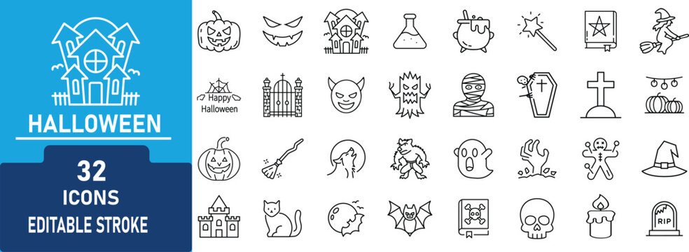 Halloween Line Icon Set. Contains icons related to pumpkin, ghost, witch, haunted house, bat, skull, coffin,  monster, mummy, black cat, spooky holiday and more . Editable stroke. Vector illustration.