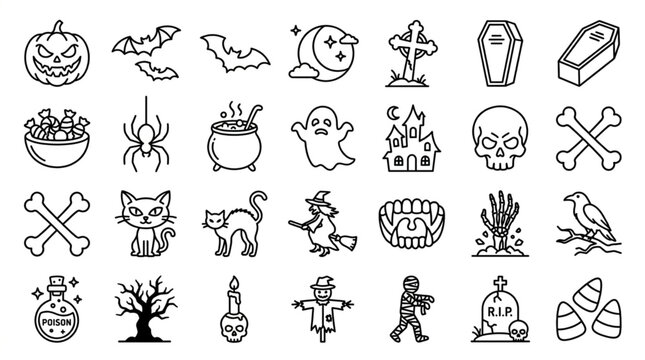 Spooky Halloween vector icon set, 25 items including creepy pumpkin face, flying bats, full moon, graveyard cross, coffin, candy bowl, spider, witch cauldron, minimal line art, white background

