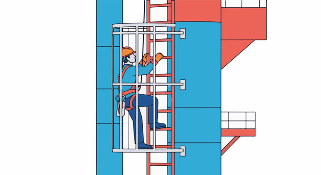 Worker in safety gear climbs a caged ladder against a blue wall