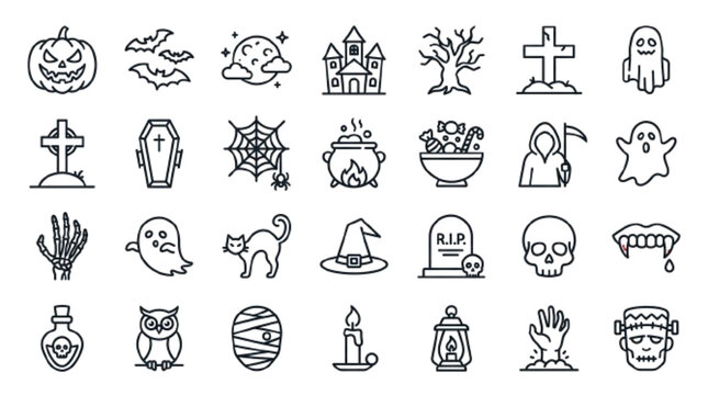 Spooky Halloween vector icon set, 25 items including creepy pumpkin face, flying bats, full moon, graveyard cross, coffin, candy bowl, spider, witch cauldron, minimal line art, white background

