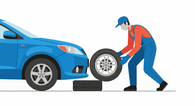 Mechanic changing a blue car's flat tire with a new one