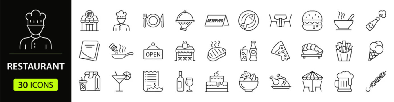Restaurant Web Icon Set in Linear Style. Collection of cafe line icons, including menu, cafe, bistro, table, delivery, bar, cooking, fast food, chef, drink, reserved and more. Editable stroke