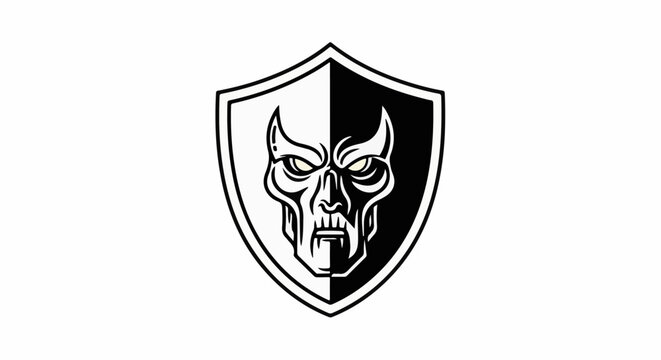 Shield with stylized skull, half black, half white, with horns and glowing eyes