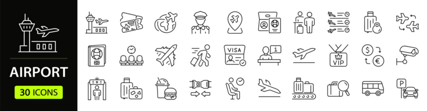 Airport Web Icon Set in Linear Style. Collection of flight line icons, including plane, airplane, flight, airline, boarding pass, tickets, baggage, seat, aerodrome, traveler and more. Editable stroke