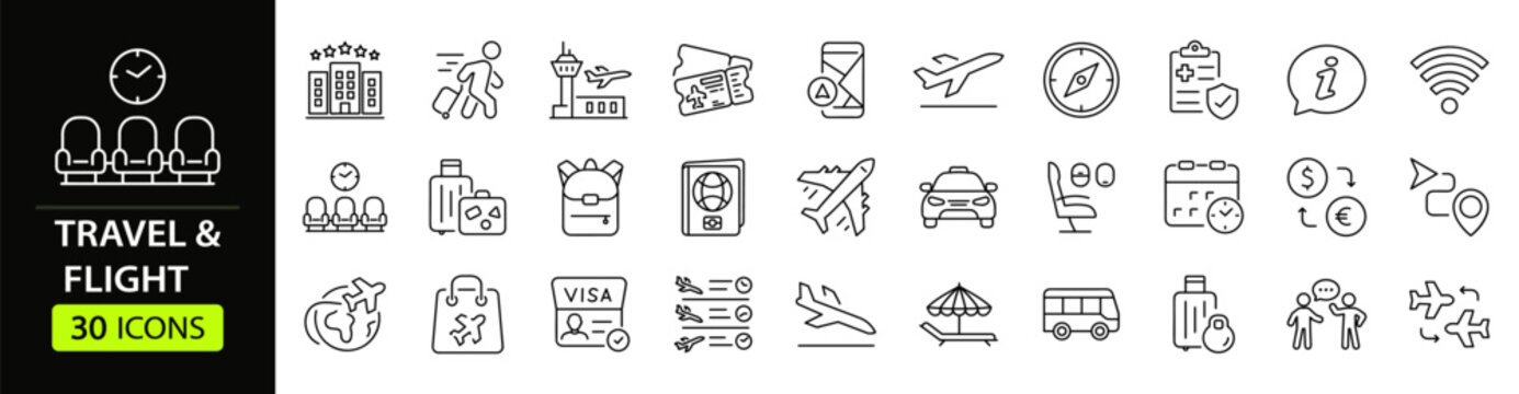 Flight and Travel Web Icon Set in Linear Style. Collection of Airport line icons, including aviation, travel, airplane, passport, airline service, plane, boarding pass, flight and more Editable stroke