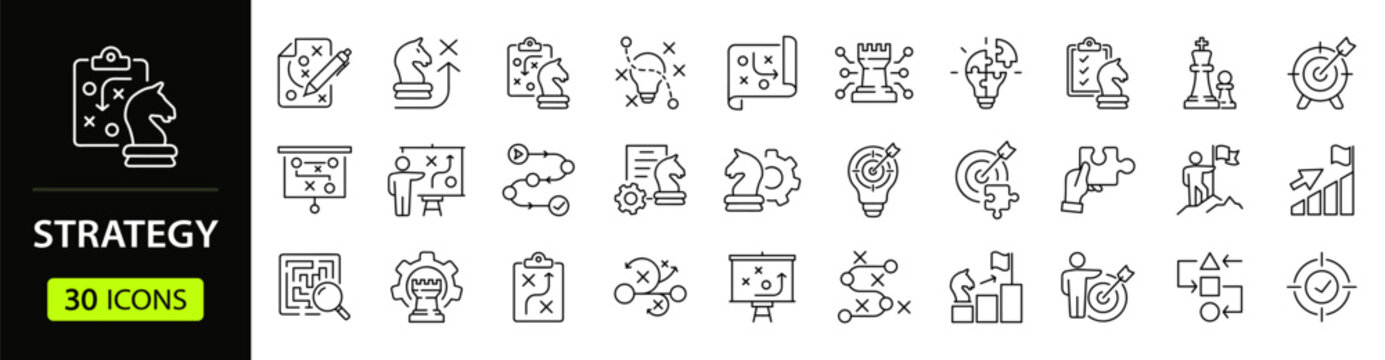 Strategy Web Icon Set in Linear Style. Collection of Action plan line icons, including strategy, goal, plan, tactic, problem-solving, vision, roadmap, mission, tasks and more. Editable stroke