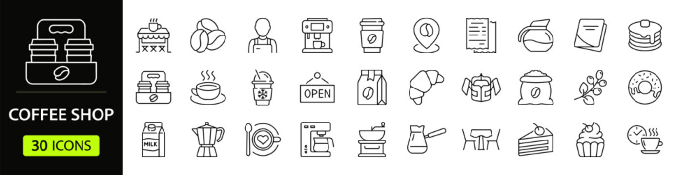 Coffee Web Icon Set in Linear Style. Collection of coffee shop line icons, including menu, cafe, barista, beans, cup, coffee machine, coffee house, espresso, cappuccino, drink and more Editable stroke