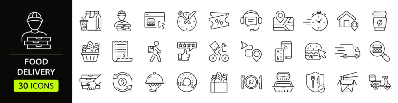 Food delivery Web Icon Set in Linear Style. Collection of delivery line icons, including courier, restaurant, food, fast food, scooter, deliver, menu, grocery, take away and more. Editable stroke