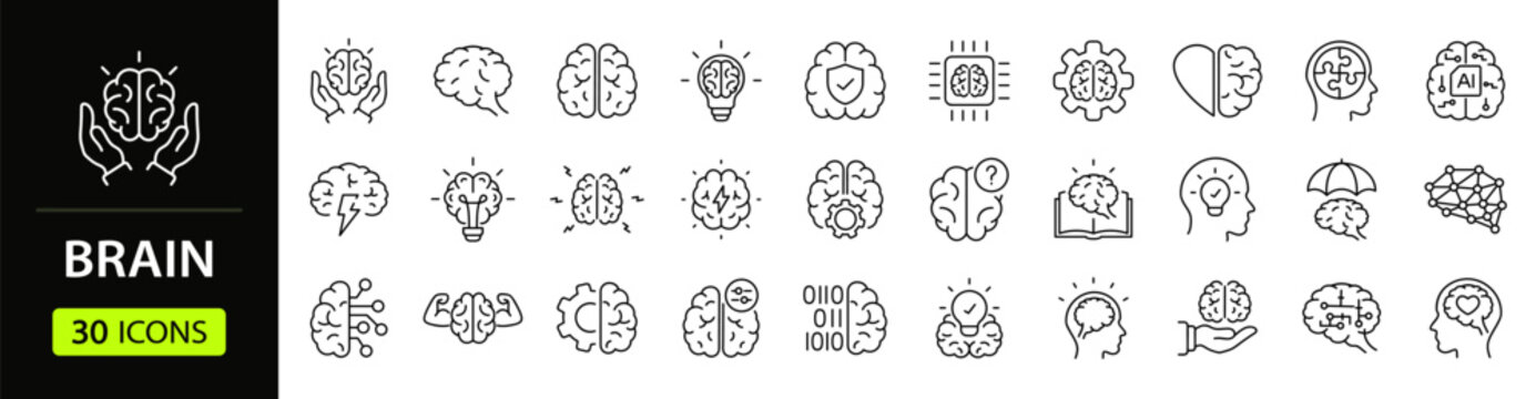 Brain Web Icon Set in Linear Style. Collection of Human brain advice line icons, including brainstorm, knowledge, artificial intelligence, mind, creative idea, thinking and more. Editable stroke