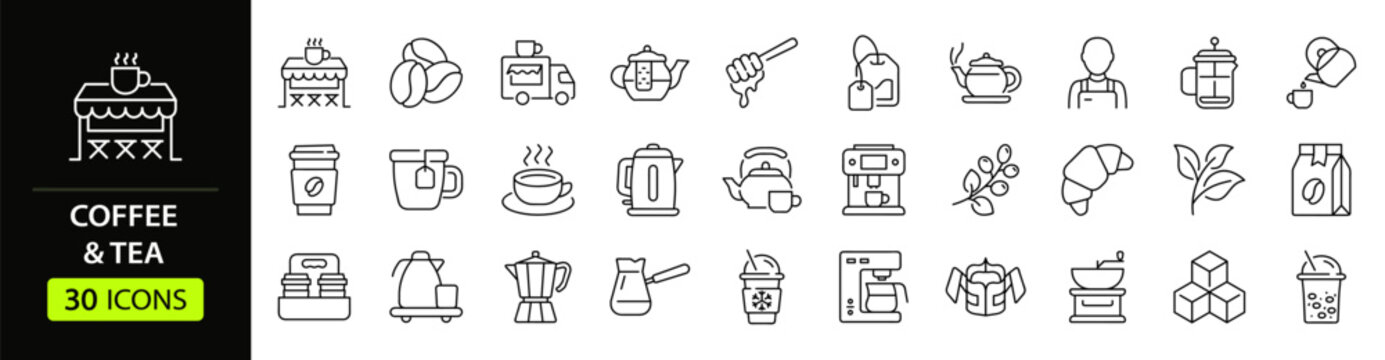 Coffee and tea Web Icon Set in Linear Style. Collection of coffee and tea shop line icons, including teapots, barista, coffee machine, tea, cafe, beans, espresso, cappuccino and more. Editable stroke