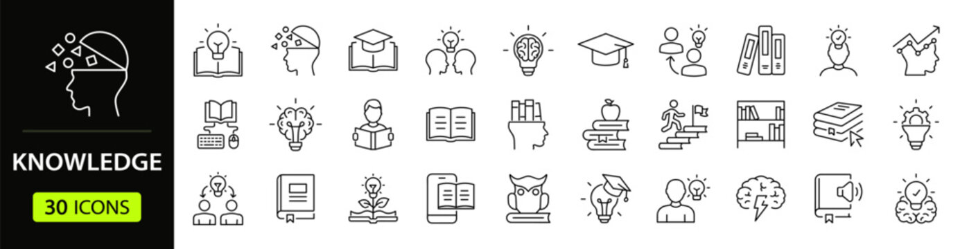 Knowledge Web Icon Set in Linear Style. Collection of Education line icons, including brainstorm, mind, thinking, book, brain, education, idea, creativity, genius, owl, intelligence and more