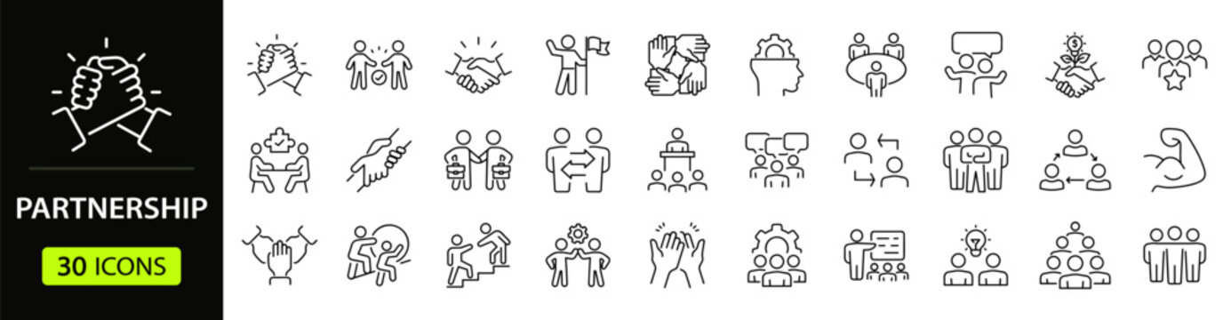 Partnership Web Icon Set in Linear Style. Collection of Collaboration line icons, including agreement, plan, teamwork, synergy, success and win-win solution, cooperative and more. Editable stroke