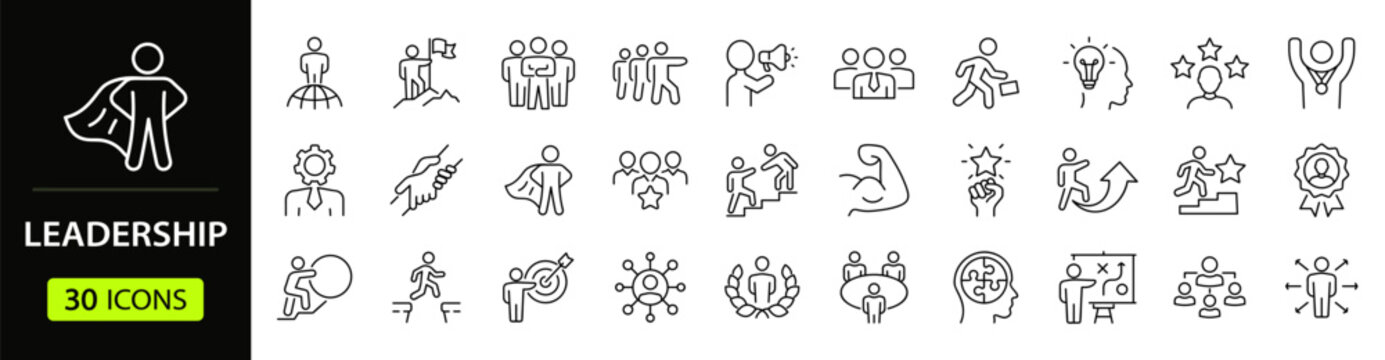 Leadership Web Icon Set in Linear Style. Collection of Influencer line icons, including leadership, leader, expert, winner, vision, mentorship, influence, lead, organization, vision. Editable stroke