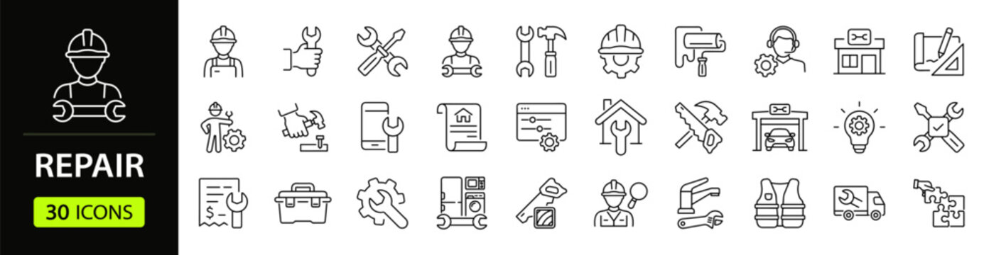 Repair Web Icon Set in Linear Style. Collection of Maintenance line icons, including service, support, tools, fixing, engineer, maintenance, repairman, toolbox and more. Editable stroke