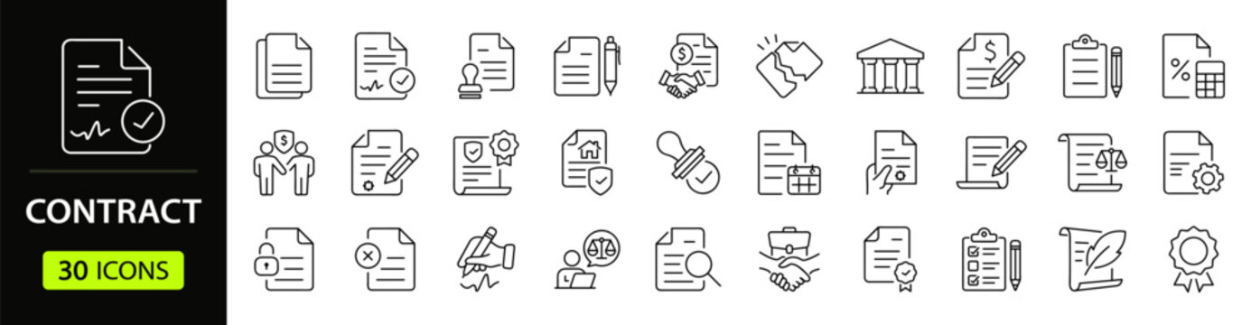 Contract Web Icon Set in Linear Style. Collection of Legal document line icons, including business, corporate, partnership, agreement, certificate, business contract, client and more. Editable stroke