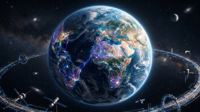 Satellite view of australia at night showing glowing city lights from space