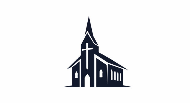 Stylized dark blue church silhouette with a cross on the spire