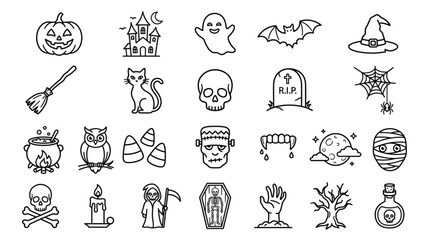 Fototapeta premium Halloween icon vector set, 25 elements including pumpkin jack-o-lantern, haunted house, ghost, bat, witch hat, broom, black cat, skull, tombstone, spider web, simple outline style, black and white,