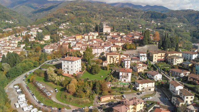 Aerial view of Barga, Garfagnana, showcasing the picturesque Italian village on a sunny day