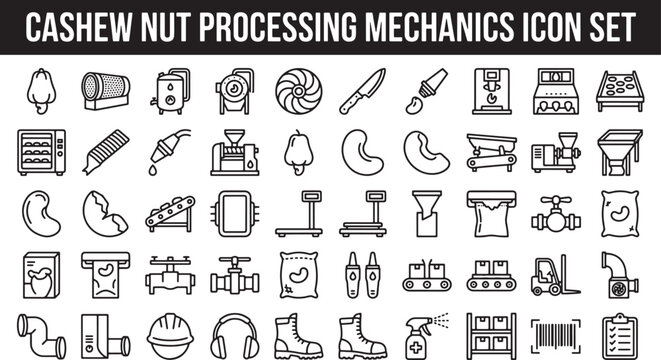 Cashew nut processing factory machinery and production line icons set in thin line vector illustration style
