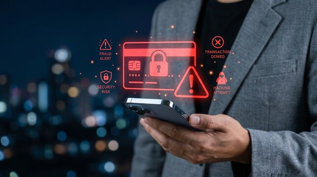 secure mobile banking interface showing blocked credit card payment warnings and real time cybersecurity threat notifications for preventing financial identity theft and unauthorized digital transacti