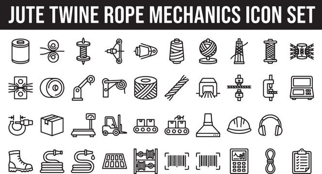 Jute twine and rope manufacturing process icons set featuring industrial machinery logistics and production line equipment vector