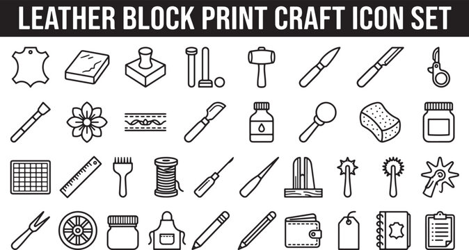 Leather Crafting and Block Printing Tool Icon Set Featuring Essential Workshop Equipment and Materials in Vector Format