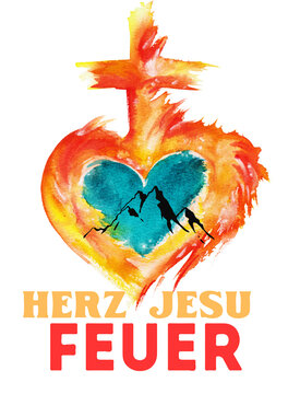 Herz Jesu Feuer symbol, flaming heart with Alpine mountains silhouette, Tyrolean traditional bonfire night. llustration of traditional midsummer bonfire festival in Austrian Alps, watercolor