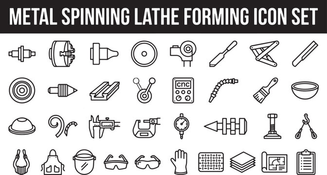 Metal spinning lathe forming icon set featuring industrial manufacturing tools equipment and safety gear vector illustration