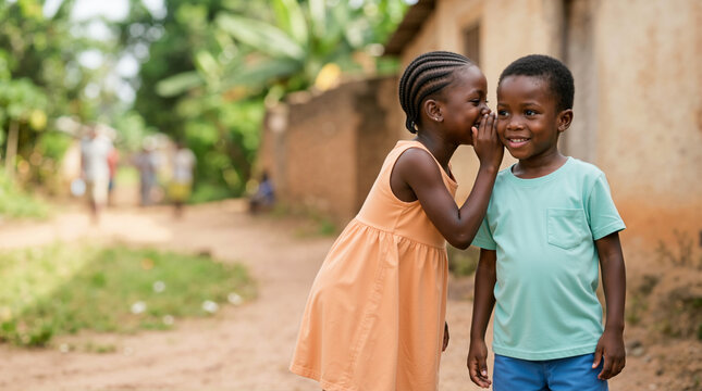 Young African girl whispering a secret into a smiling boy's ear. Happy children sharing gossip in a rural village. Childhood friendship and communication concept