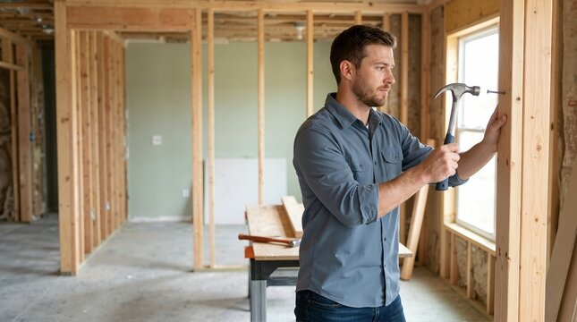Man hammering nail into wooden stud. House construction and renovation site. Carpentry and building work