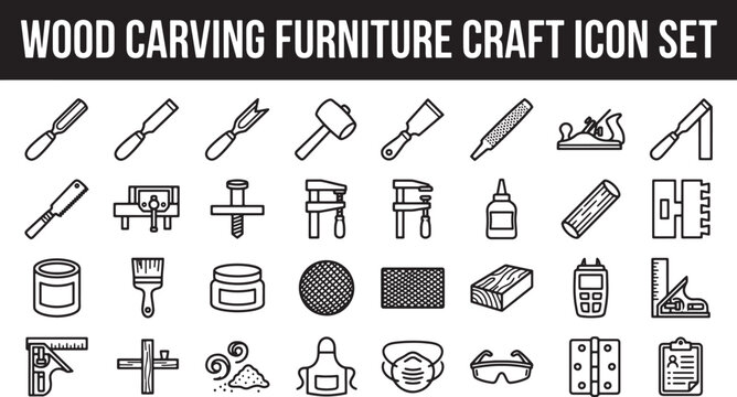 Woodworking and carpentry tools icon set featuring carving equipment, furniture craft supplies, and safety gear in vector