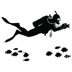 Scuba Diver Taking Photo of Fish Underwater Vector flat illustration Silhouette Isolated on White  © Nuralam