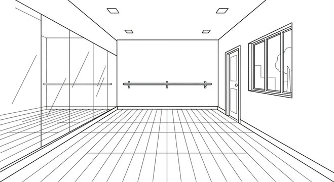 A line art illustration of a dance studio interior with mirrors and a ballet barre.