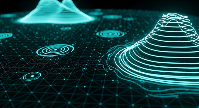 Abstract futuristic digital landscape with glowing cyan wireframe mountains and data points on a dark grid artificial intelligence big data abstract futuristic landscape technology visualizatio
