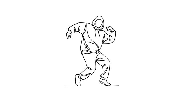 A continuous line drawing of a person dancing in a hoodie and sweatpants.