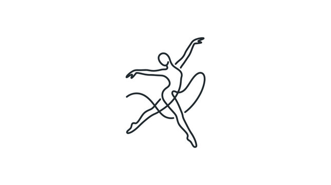 Minimalist continuous line drawing of a graceful rhythmic gymnast performing with a ribbon.