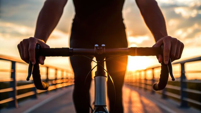 Cycling lane at sunrise concept. Cyclist gripping handlebars rides a bike on a bridge during golden hour sunset with glowing sky.