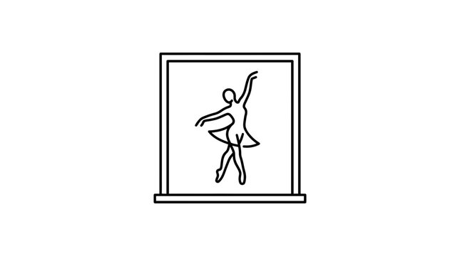 A simple black and white line drawing of a ballerina dancing inside a square frame.