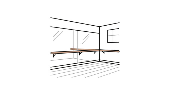 A minimalist line drawing of a ballet studio interior featuring a wall mounted wooden barre.