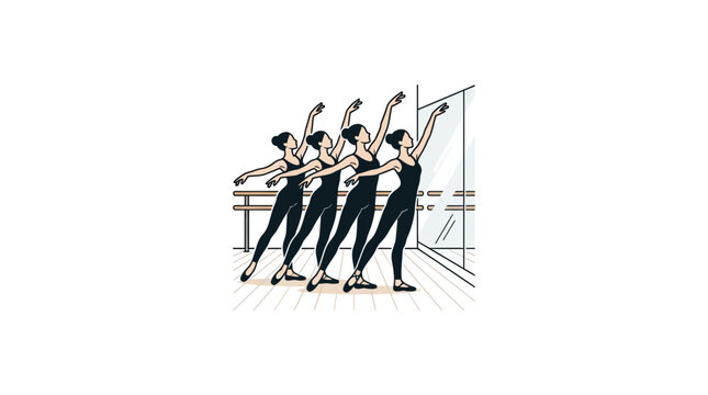 Four ballet dancers practicing synchronized movements in a studio.