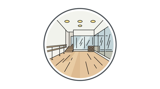 A stylized circular illustration of an empty dance studio with wooden floors and ballet bars.