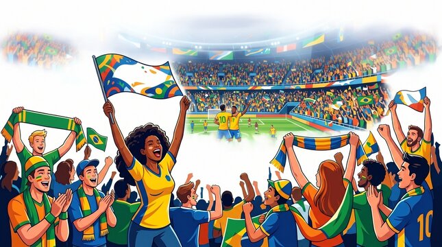 Diverse Crowd of Football Fans Cheering and Celebrating Goal in Stadium Illustration