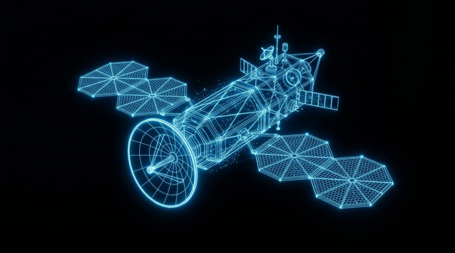 Detailed glowing blue wireframe model of a sophisticated communications satellite floating in deep black space featuring intricate hexagonal solar panels and high resolution digital geometry for moder