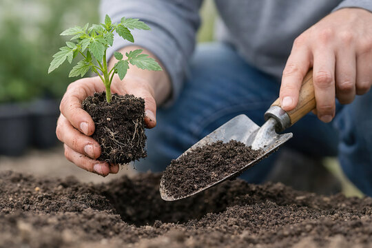 Close-up of a gardener's hands planting a tomato seedling into dark soil using a hand trowel. Spring gardening, organic farming, and agriculture concept.