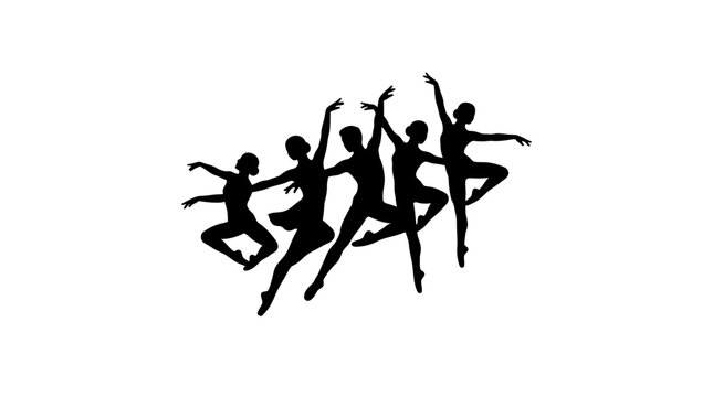 A silhouette illustration featuring a group of five dancers performing dynamic leaps and poses.