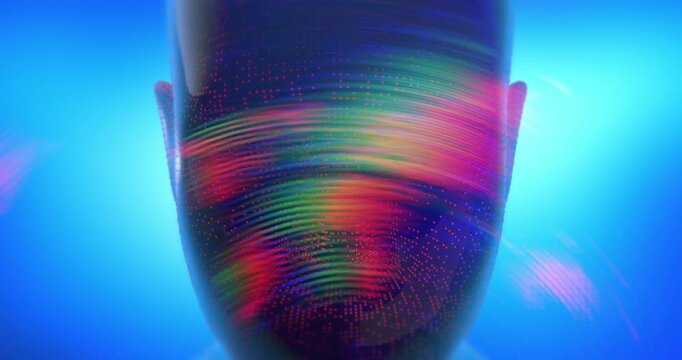 Blue and violet neon background with futuristic cybernetic avatar head. Loopable Abstract Background Animation.