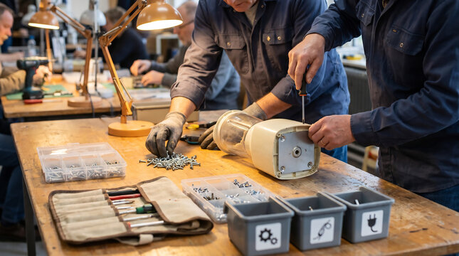 Hands repairing appliance at community repair cafe table