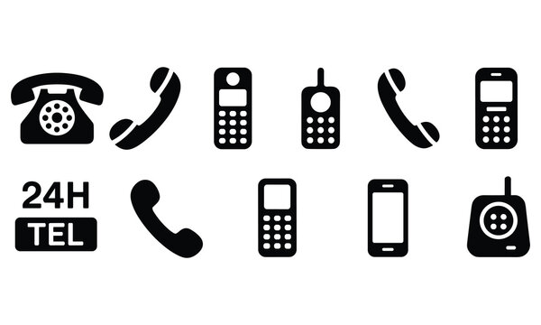Various black telephone icons and symbols for communication